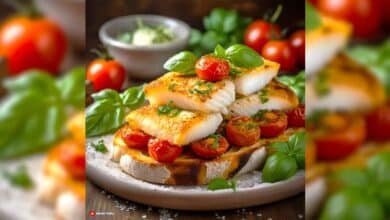 Roasted Cod with Tomatoes and Basil on Garlic Toasts Mahigar Fish recipes and Seafood Recipes