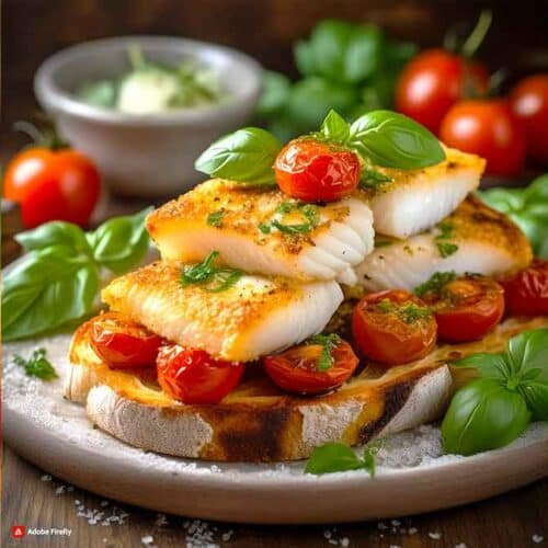 Roasted Cod with Tomatoes and Basil on Garlic Toasts Mahigar Fish recipes and Seafood Recipes