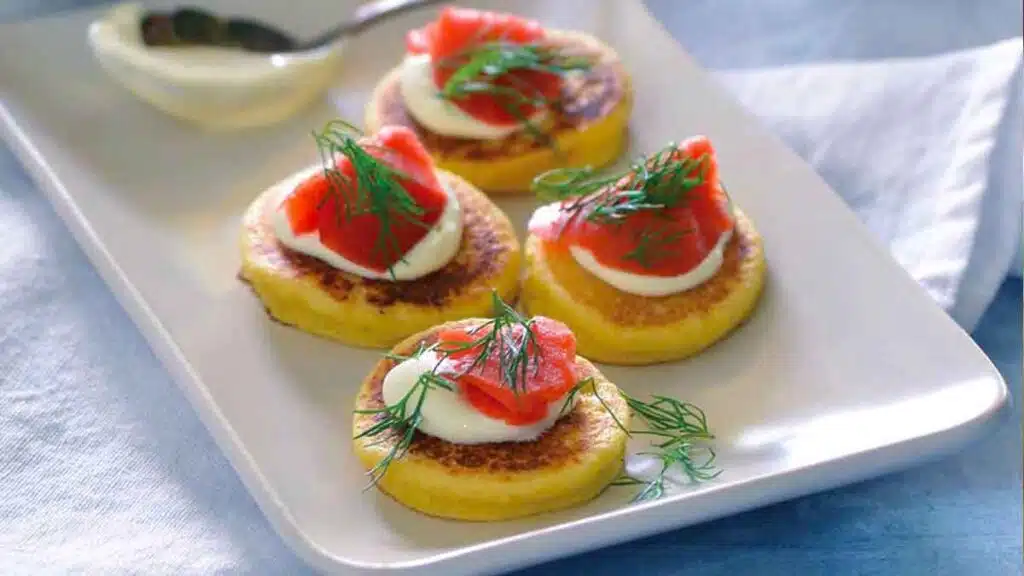 Smoked Salmon Lox with Crème Fraîche on Mini Corncakes