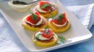 Smoked Salmon Lox with Crème Fraîche on Mini Corncakes