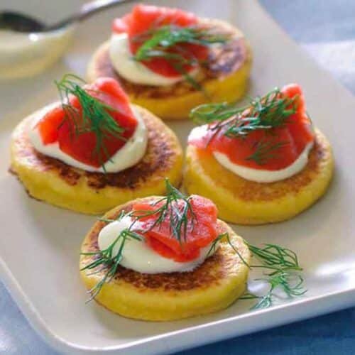 Smoked Salmon Lox with Crème Fraîche on Mini Corncakes