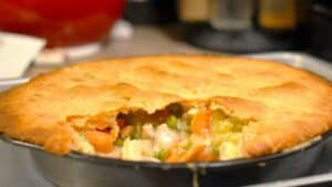 homemade chicken pot pie in cast iron skillet