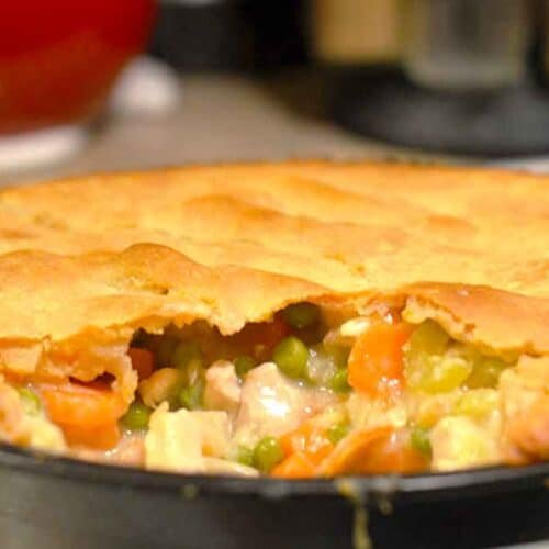 homemade chicken pot pie in cast iron skillet