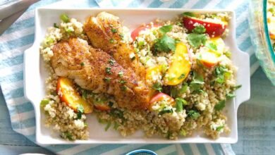 Chile Spiced Rockfish with Summer Peach and Jalapeno Quinoa Salad Chile-Spiced Rockfish with Summer Peach and Jalapeno Quinoa Salad