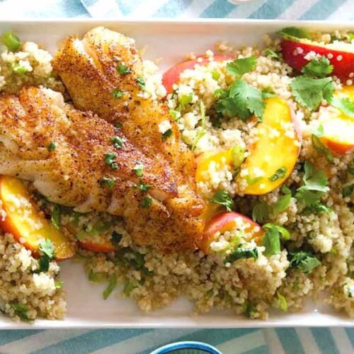 Chile Spiced Rockfish with Summer Peach and Jalapeno Quinoa Salad Chile-Spiced Rockfish with Summer Peach and Jalapeno Quinoa Salad