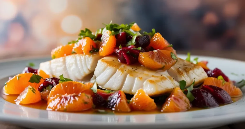 01 Sear roasted halibut with blood orange salsa