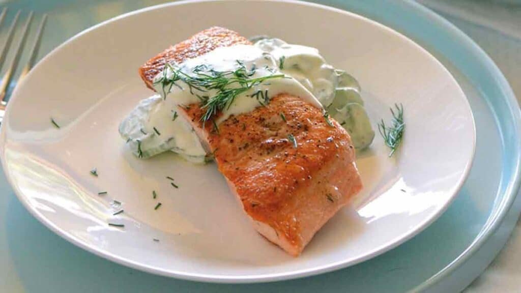 Basic Pan-Cooked Salmon with Lemon Dill Creme Fraiche and Persian Cucumber