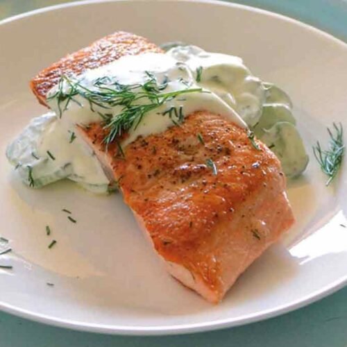 Basic Pan-Cooked Salmon with Lemon Dill Creme Fraiche and Persian Cucumber