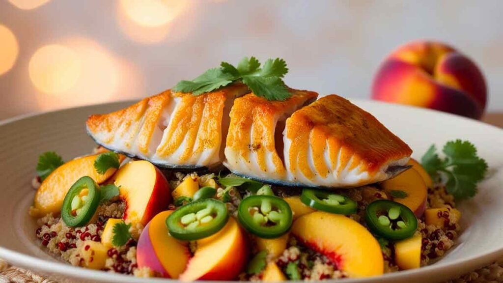 Chile Spiced Rockfish Chile-Spiced Rockfish with Summer Peach and Jalapeno Quinoa Salad