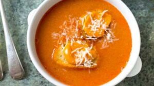 Classic Fish Soup with Rouille and Croutons in the Bowl