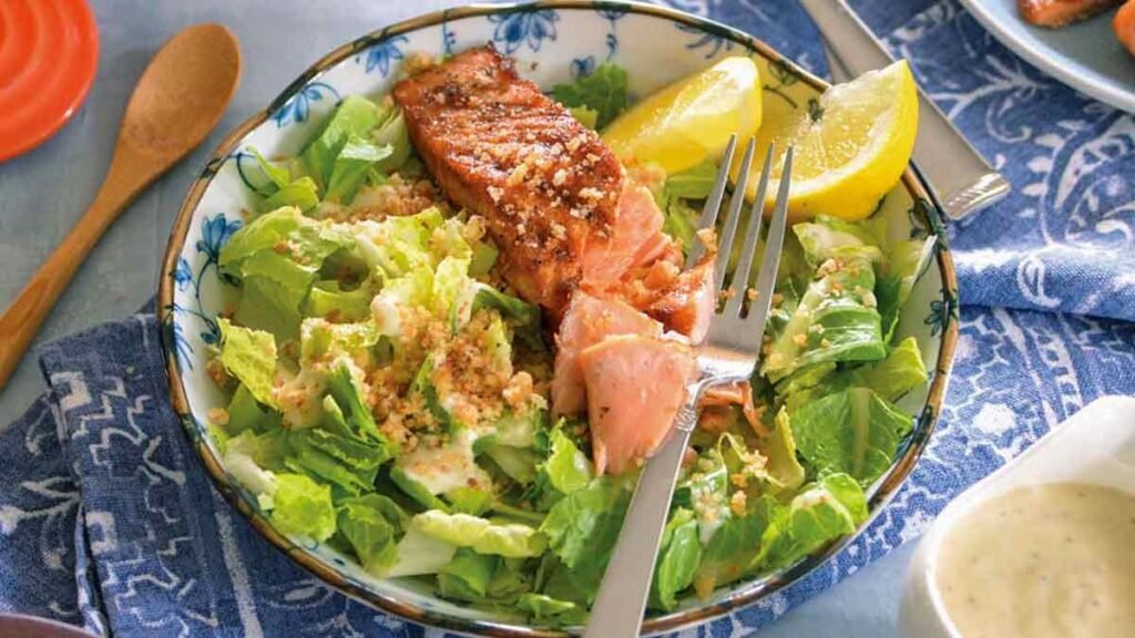 Grilled Salmon Caesar Salad with Parmesan Garlic Bread Crumbs