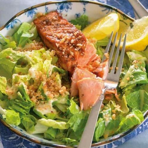 Grilled Salmon Caesar Salad with Parmesan Garlic Bread Crumbs