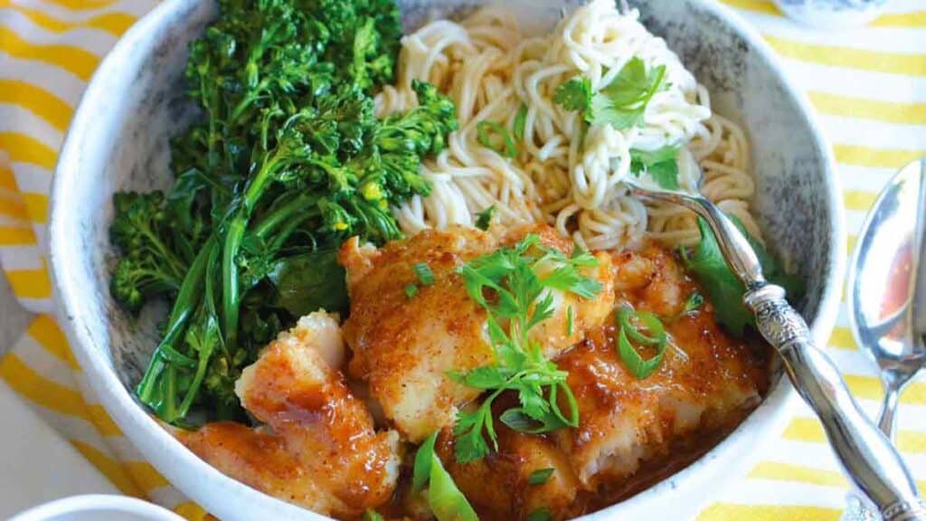 Hoisin Five-Spice Sauce Baked Fish with Ramen Noodles and Broccolini