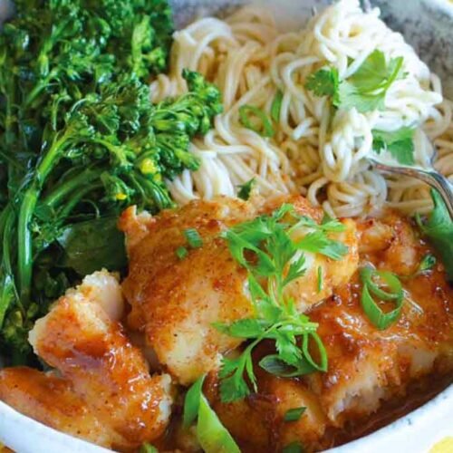 Hoisin Five-Spice Sauce Baked Fish with Ramen Noodles and Broccolini