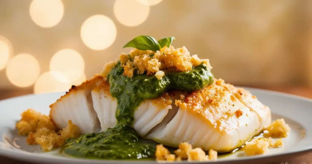 Roasted Cod with basil pesto and garlic breadcrumbs