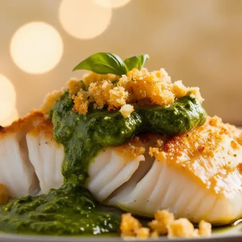 Roasted Cod with basil pesto and garlic breadcrumbs