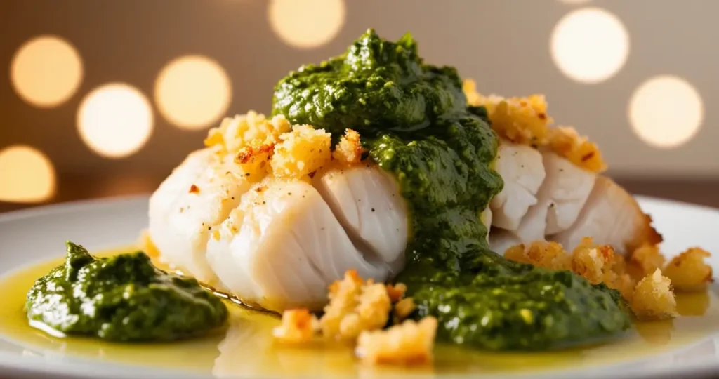 Roasted Cod fish with basil pesto and garlic breadcrumbs