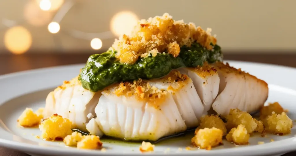 Cod with basil pesto and garlic breadcrumbs