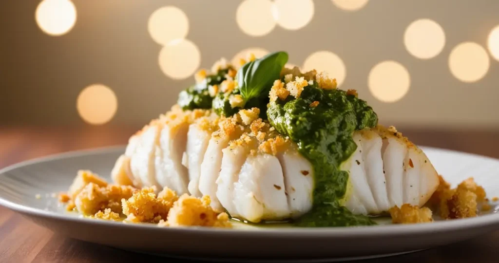 Roasted Cod with basil pesto and garlic breadcrumbs