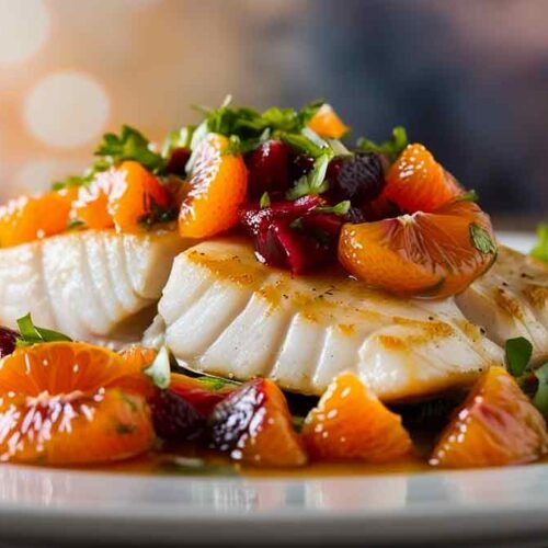 Sear roasted halibut with blood orange salsa