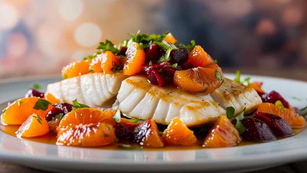 Sear roasted halibut with blood orange salsa