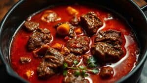 Create a closeup vibrant image of Stewing beef in a Pot