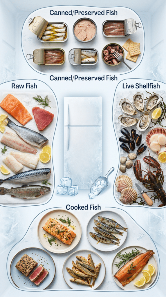 Infographic labels: Canned/Preserved Fish, Raw Fish, Live Shellfish, and Cooked Fish.
