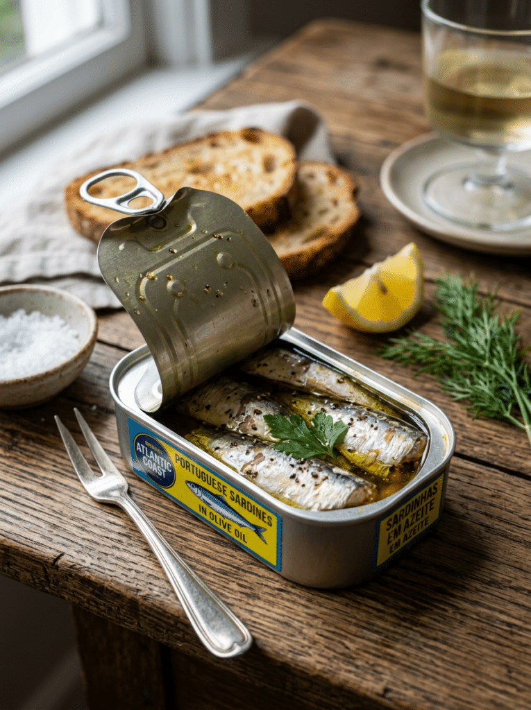 Open tin of Portuguese sardines in olive oil with bread and lemon