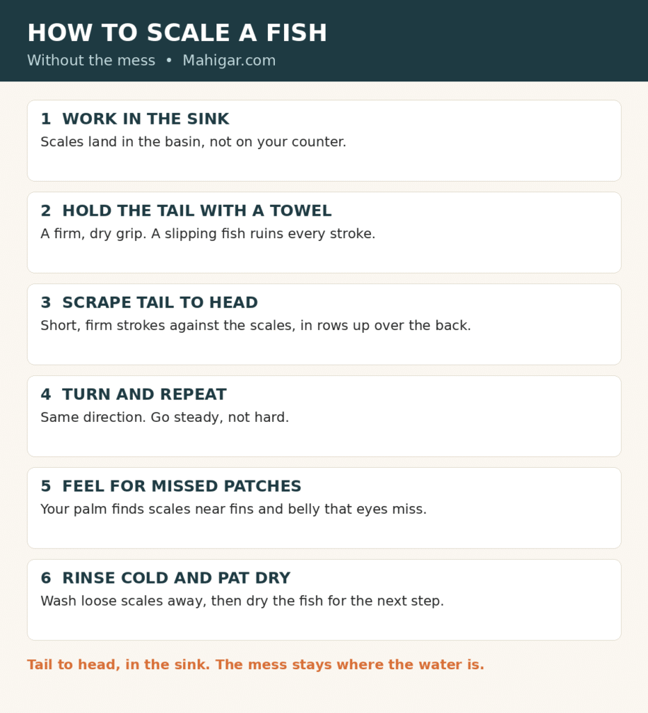 Scaling steps: work in the sink, hold the tail with a towel, scrape from tail to head with a scaler or spoon back, turn and repeat, feel for missed patches, then rinse cold and pat dry.