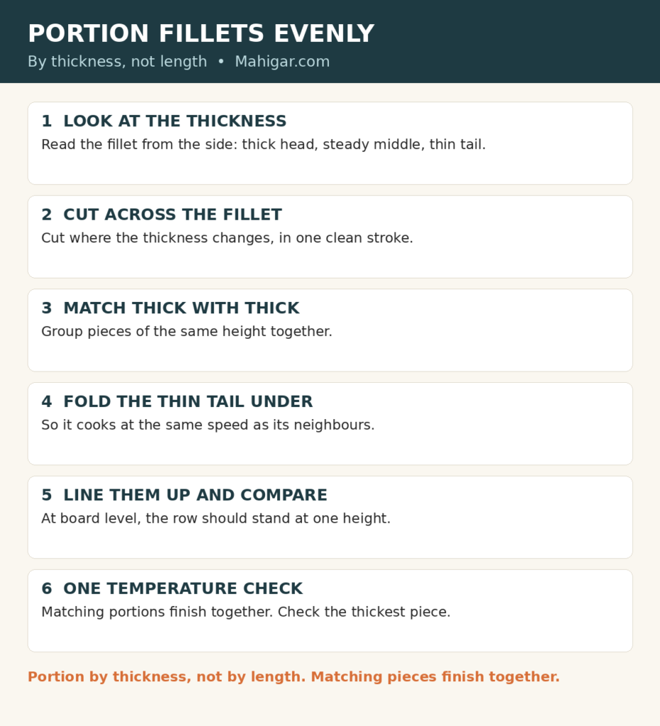 Portioning steps: judge a fillet by thickness, cut across it into serving pieces, group pieces of matching thickness, fold thin tail pieces under, line portions up to compare, then cook the batch with one temperature check.