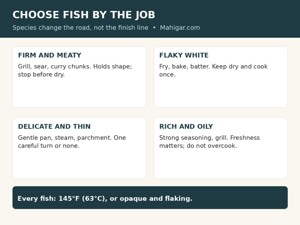 Fish species choice chart: firm meaty fish suit grilling and searing, flaky white fish suit frying and baking, delicate thin fish need gentle cooking, and rich oily fish take strong seasoning; all fish are done at 145 degrees Fahrenheit or when opaque and flaking.