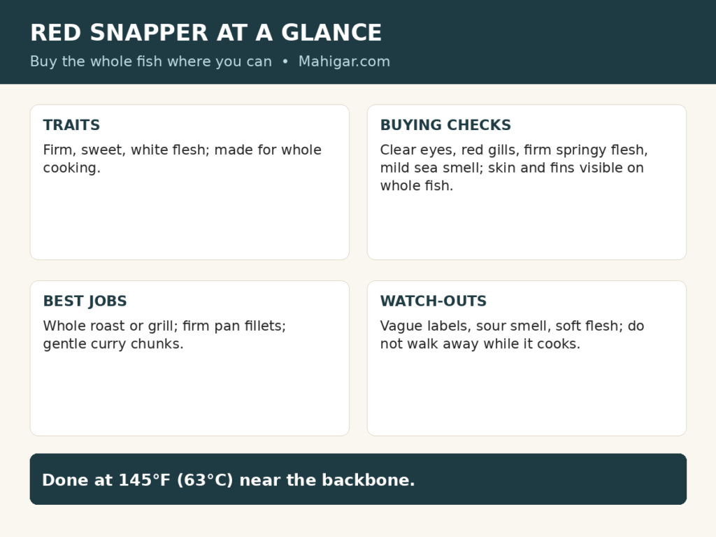 Red snapper at a glance: a firm, sweet fish best bought whole with clear eyes, red gills and firm flesh; best for whole roasting, grilling and firm fillets; done at 145 degrees Fahrenheit near the backbone.