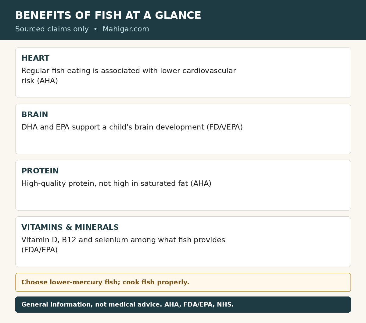 Health benefits of eating fish: heart health support, DHA and EPA for a child's brain development, high-quality protein that is not high in saturated fat, and vitamins and minerals including vitamin D, B12, and selenium, with a reminder to choose lower-mercury fish and cook it properly.