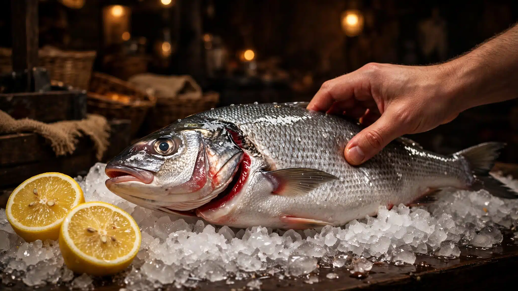 Fresh whole fish on crushed ice being checked for firmness, with a clear eye and red gills, lemon beside it.