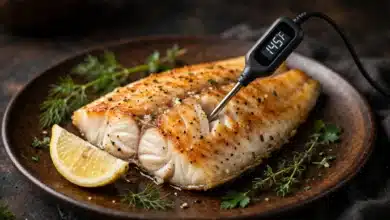 Cooked fish fillet on a dark plate with a digital thermometer in the thickest part showing 145 degrees, lemon and herbs beside it.