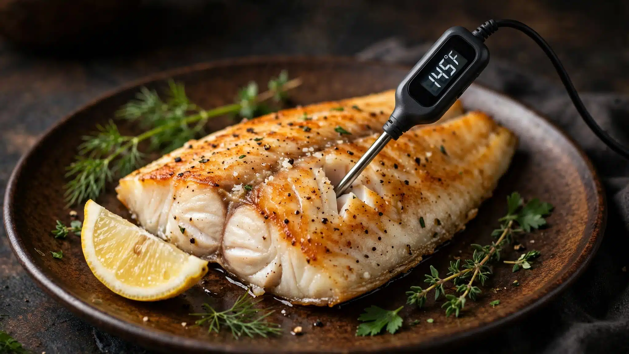 Cooked fish fillet on a dark plate with a digital thermometer in the thickest part showing 145 degrees, lemon and herbs beside it.