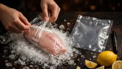 Hands wrapping a fresh fish fillet tightly in plastic wrap over crushed ice, with a vacuum seal bag and marker beside it.