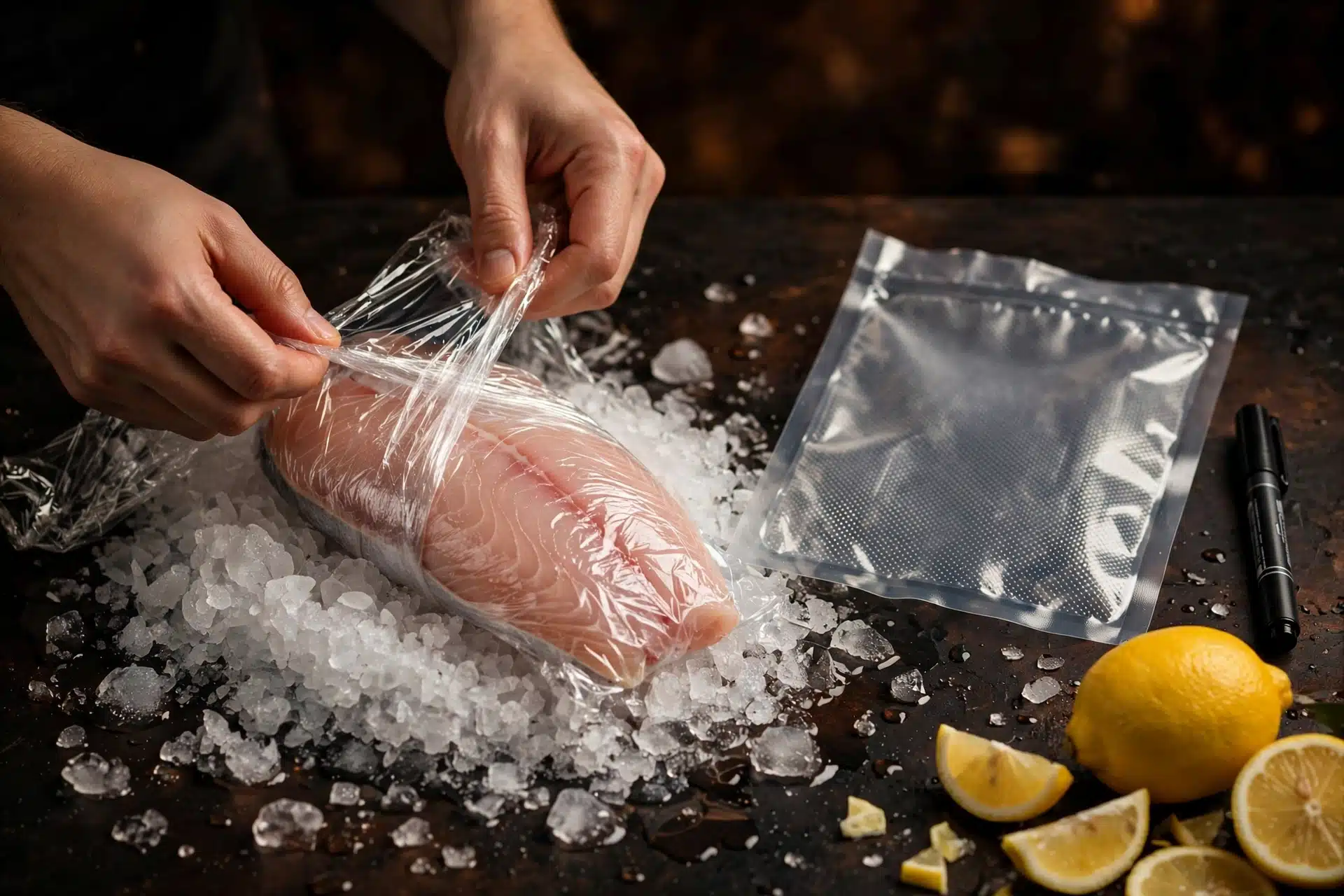 Hands wrapping a fresh fish fillet tightly in plastic wrap over crushed ice, with a vacuum seal bag and marker beside it.
