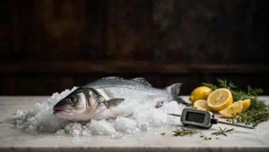 Fresh whole fish on crushed ice on a clean kitchen counter with a food thermometer, lemons and herbs nearby.