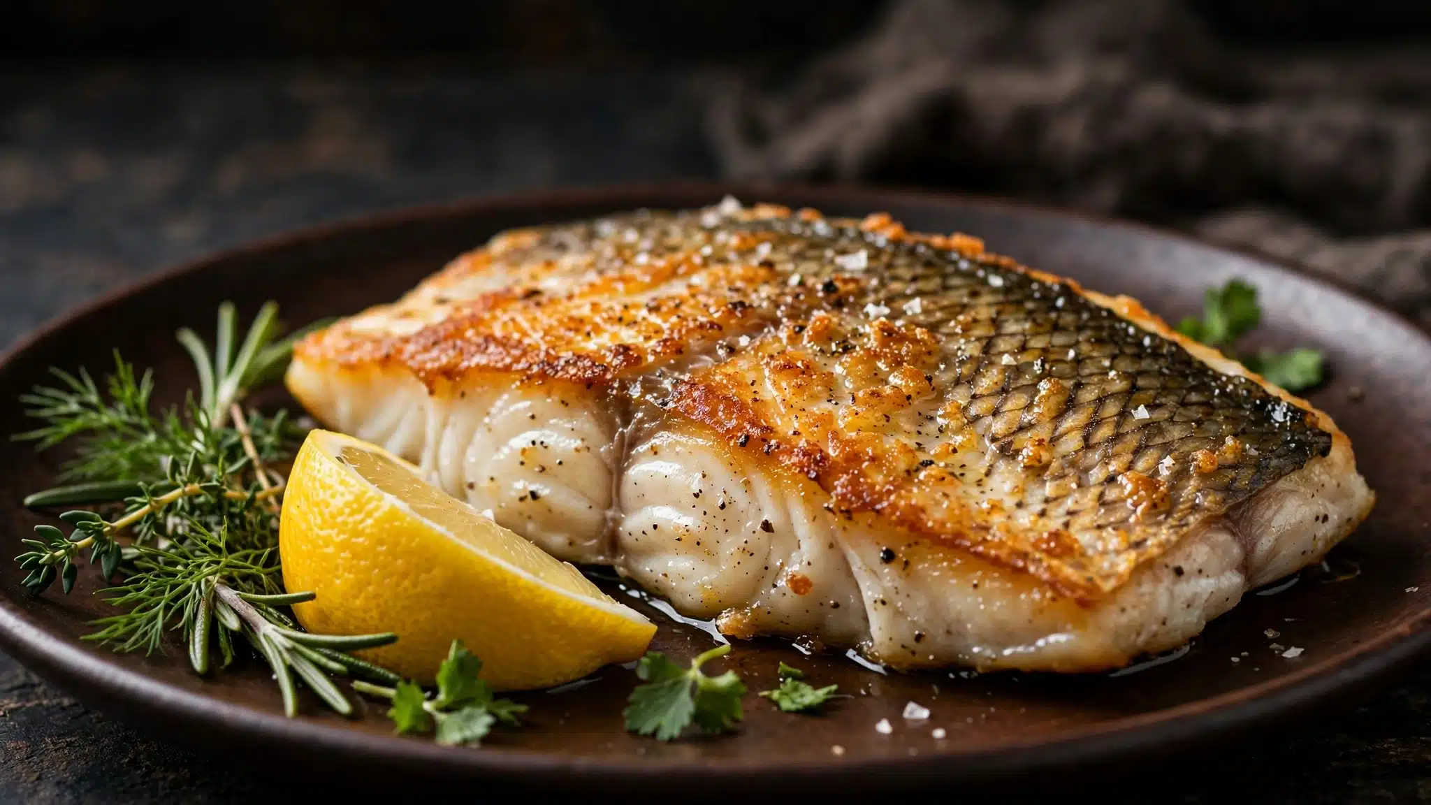 Pan-seared fish fillet with golden crispy skin on a dark plate, with a lemon wedge and herbs beside it.