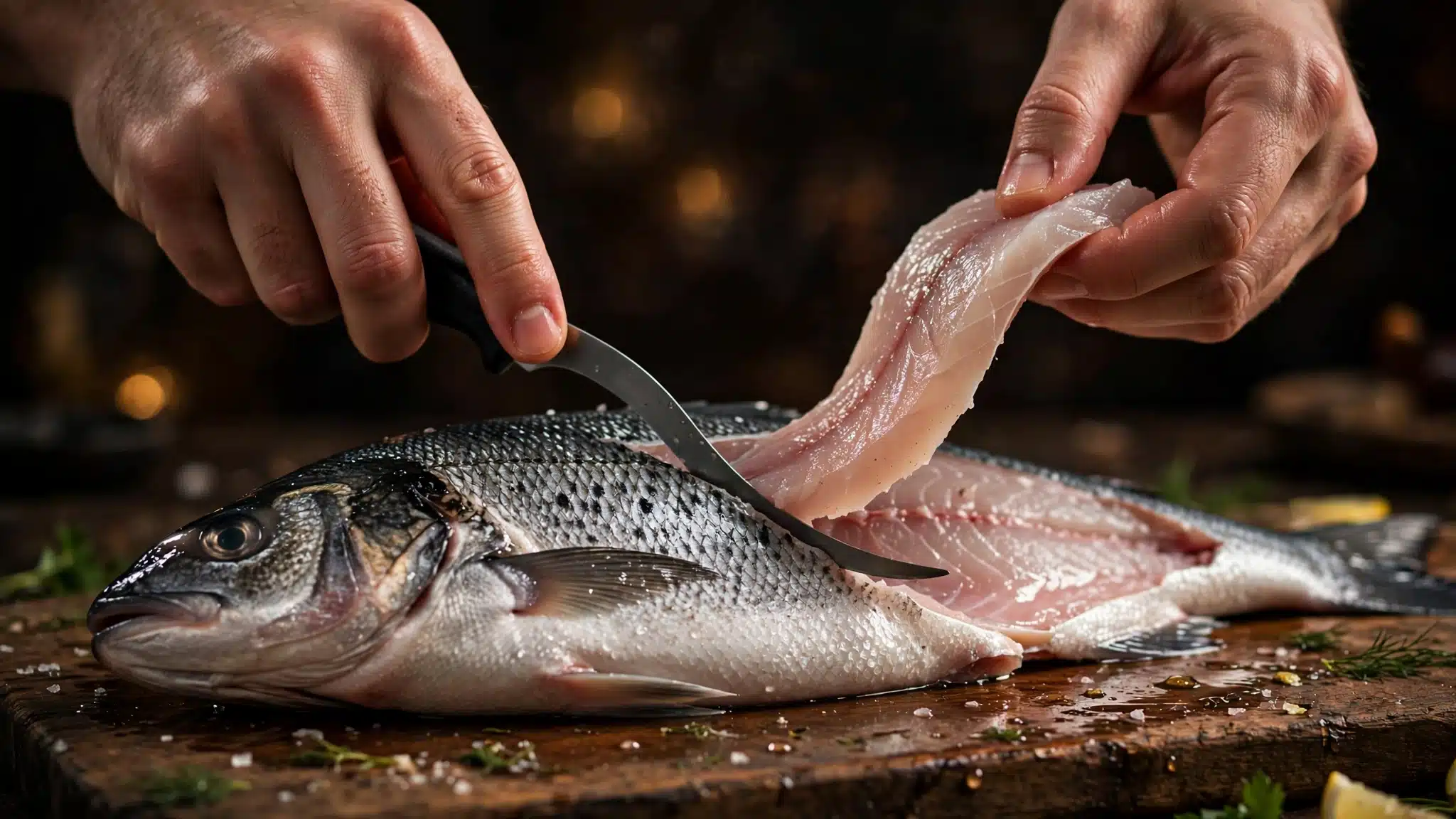 Hands filleting a whole fresh fish on a wooden board with a flexible fillet knife, one fillet lifting away.