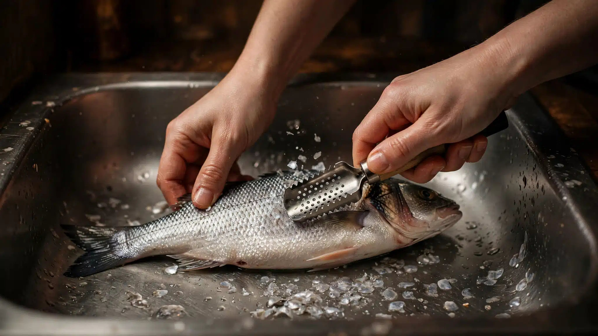Hands scraping a whole fish from tail to head with a fish scaler inside a kitchen sink, loose scales in the basin.