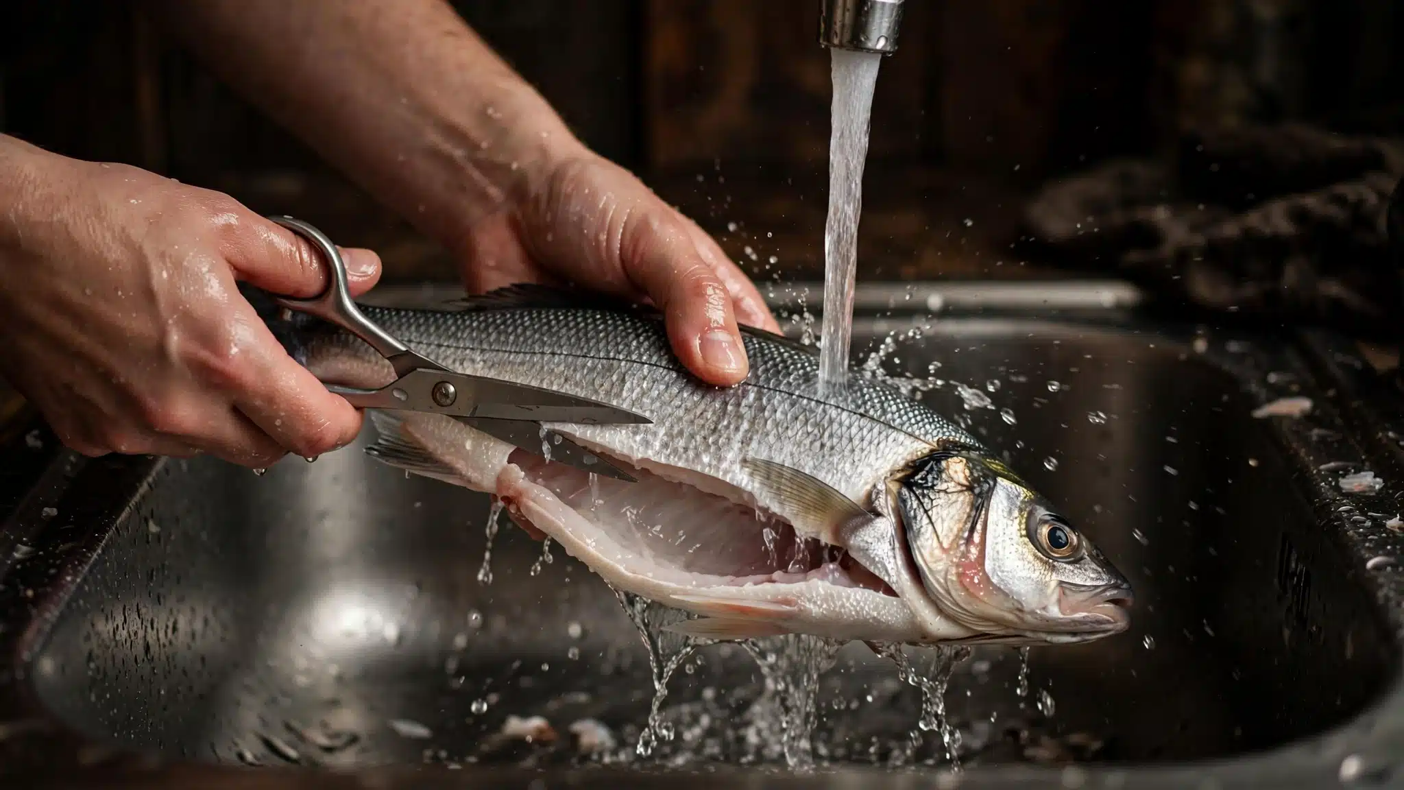 Hands cleaning a whole fish at a kitchen sink with scissors, the cleaned belly under cold running water.