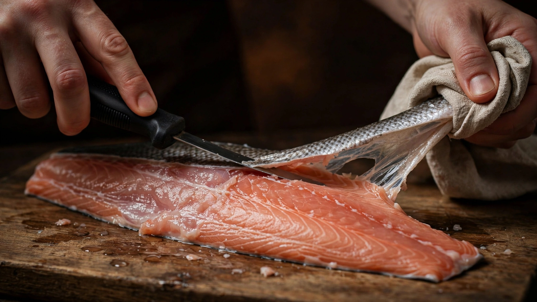 Hands skinning a fish fillet on a wooden board, gripping the tail skin with a towel while a fillet knife slides flat between skin and flesh.