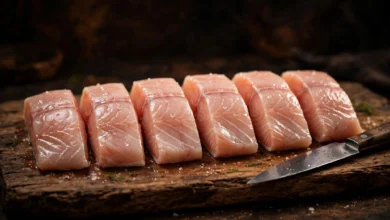 Even portions of fresh fish fillet lined up in a neat row on a wooden board with a chef knife beside them.