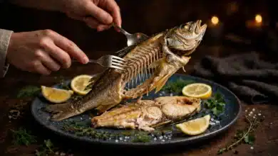 Hands lifting the skeleton out of a whole cooked fish on a serving platter with a spoon and fork, lemon and herbs beside it.