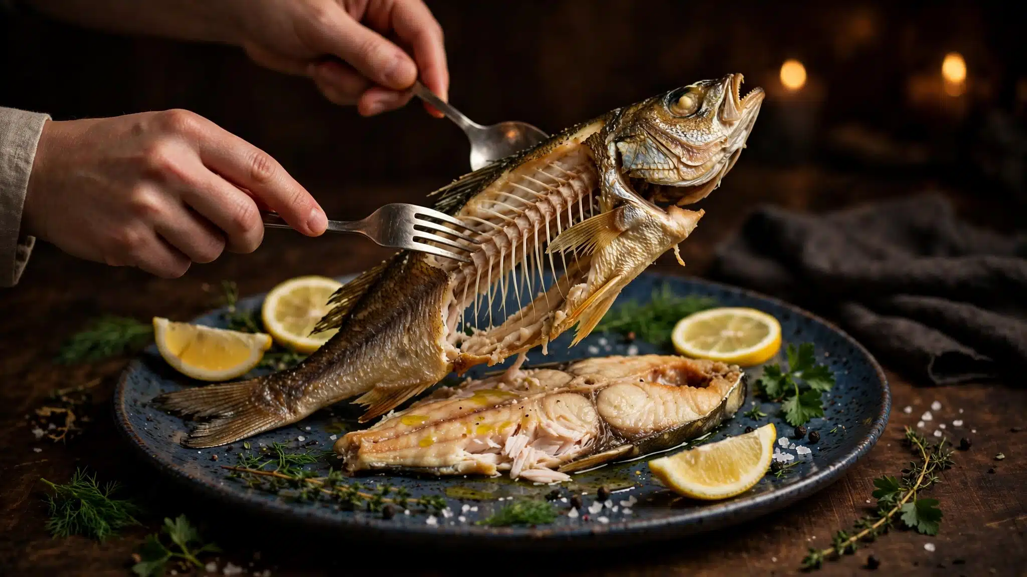 Hands lifting the skeleton out of a whole cooked fish on a serving platter with a spoon and fork, lemon and herbs beside it.