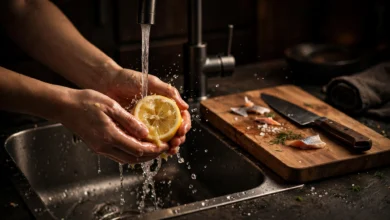 Hands washing with a halved lemon under a kitchen tap, a clean cutting board and knife beside the sink