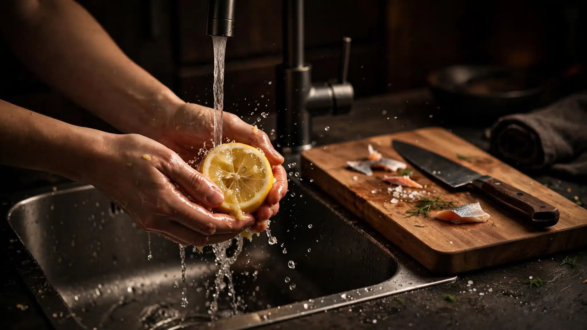 Hands washing with a halved lemon under a kitchen tap, a clean cutting board and knife beside the sink