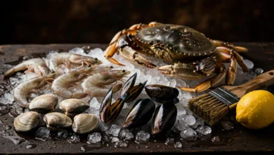 Fresh shrimp, mussels, clams and a whole crab on crushed ice with a stiff brush and a lemon beside them.